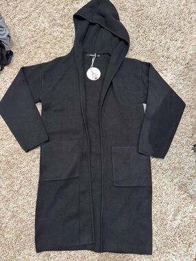 Black Hooded Open-Front Long Cardigan Sweater